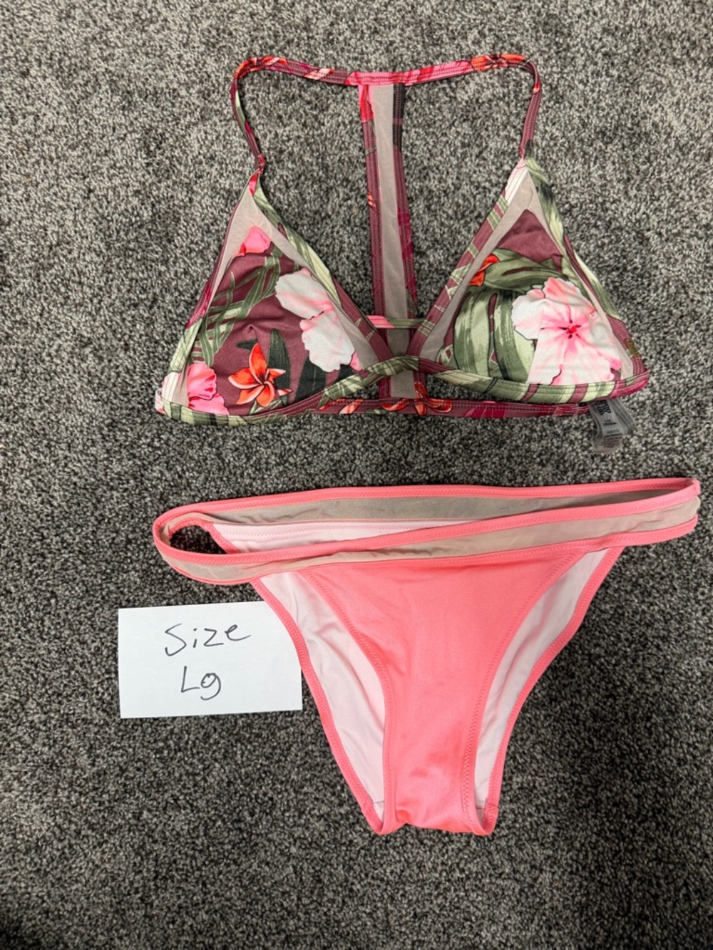 PINK Victoria's Secret Coral Pink Mesh-Trim Bikini Set
